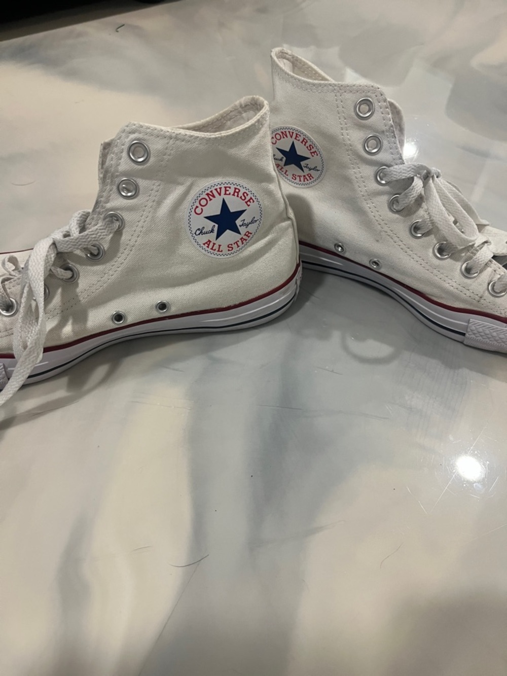 Converse White High Top Sneakers with Navy Star and Red Stripe- W10/M8